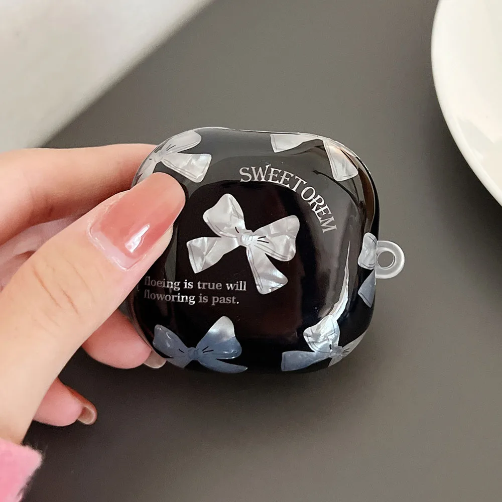 INS Black Glossy Bow Love Heart Shell Case For Samsung Galaxy Buds Live Buds 2 Pro Luck Soft Silicone Shockproof Earphone Cases