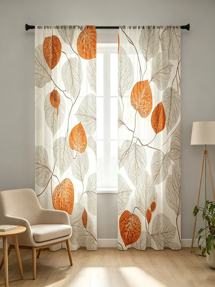 2PCS Digital Print Sheer Curtains, Orange Leaf Vein Botanical Pattern, Autumn Natural Drapes for Living Room Bedroom Decor