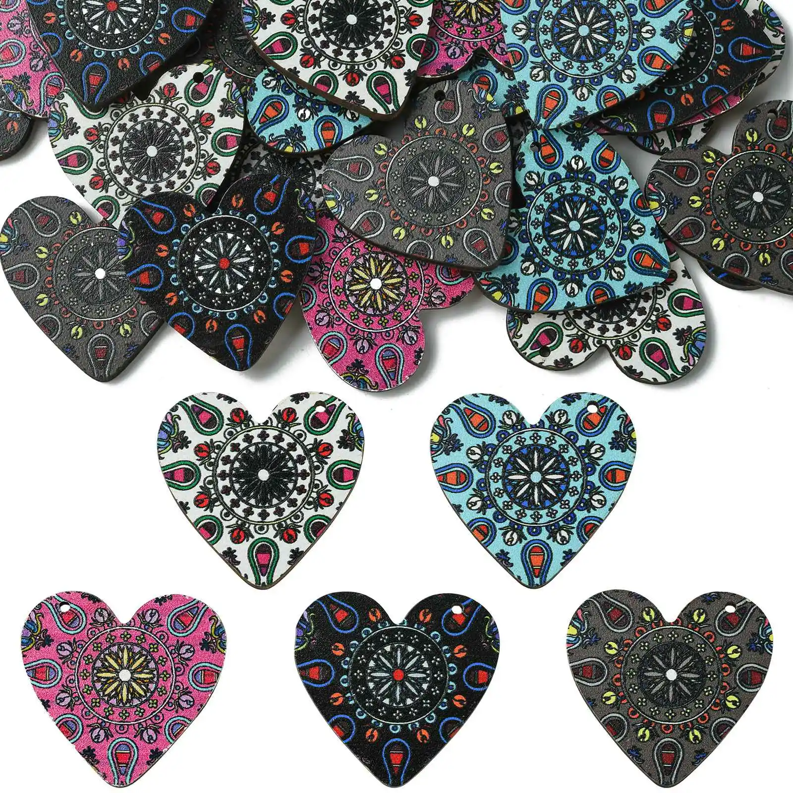 Pandahall 30Pcs 5 Styles Wooden Heart Charms Valentine's Day Sweet Heart Shape Charms for Earrings Jewelry Making