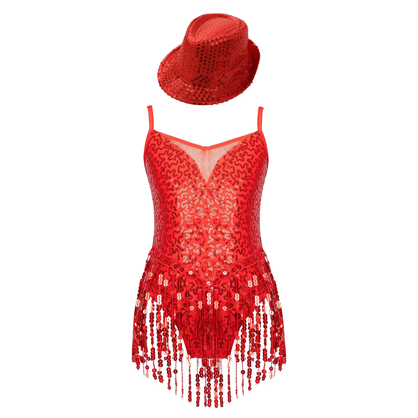 Kids Girls Sleeveless Shiny Sequins Tassel Bodysuit Gymnastics Leotard with Hat for Stage Performance Jazz Latin Dance Costume