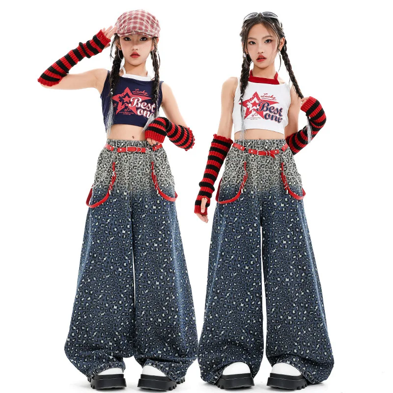 

teen girl Hip hop jazz street dance clothes set costume runway show crop top+leopard jeans child kid performance costume outfits