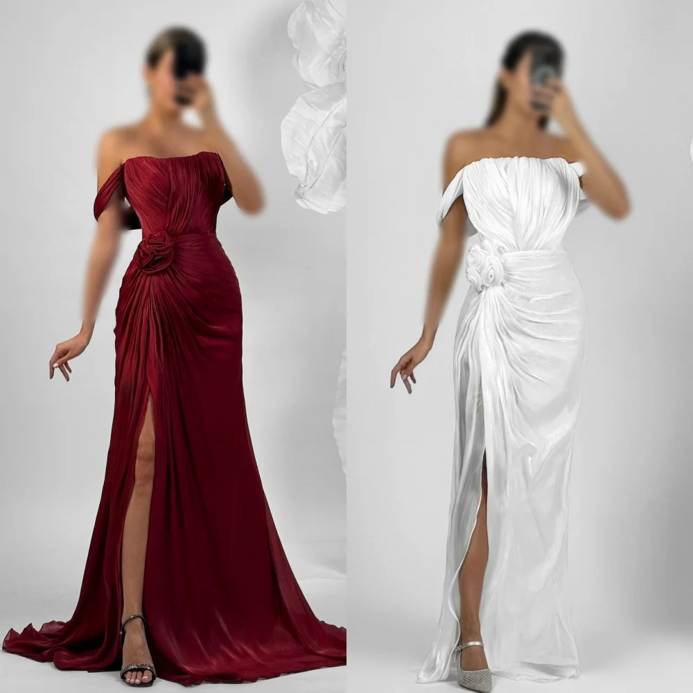 

Customized Retro Pastrol Handmade Flower Pleat Ruched Draped Mermaid Off-the-shoulder Long Dresses Bespoke Occasion Dresses Sexy