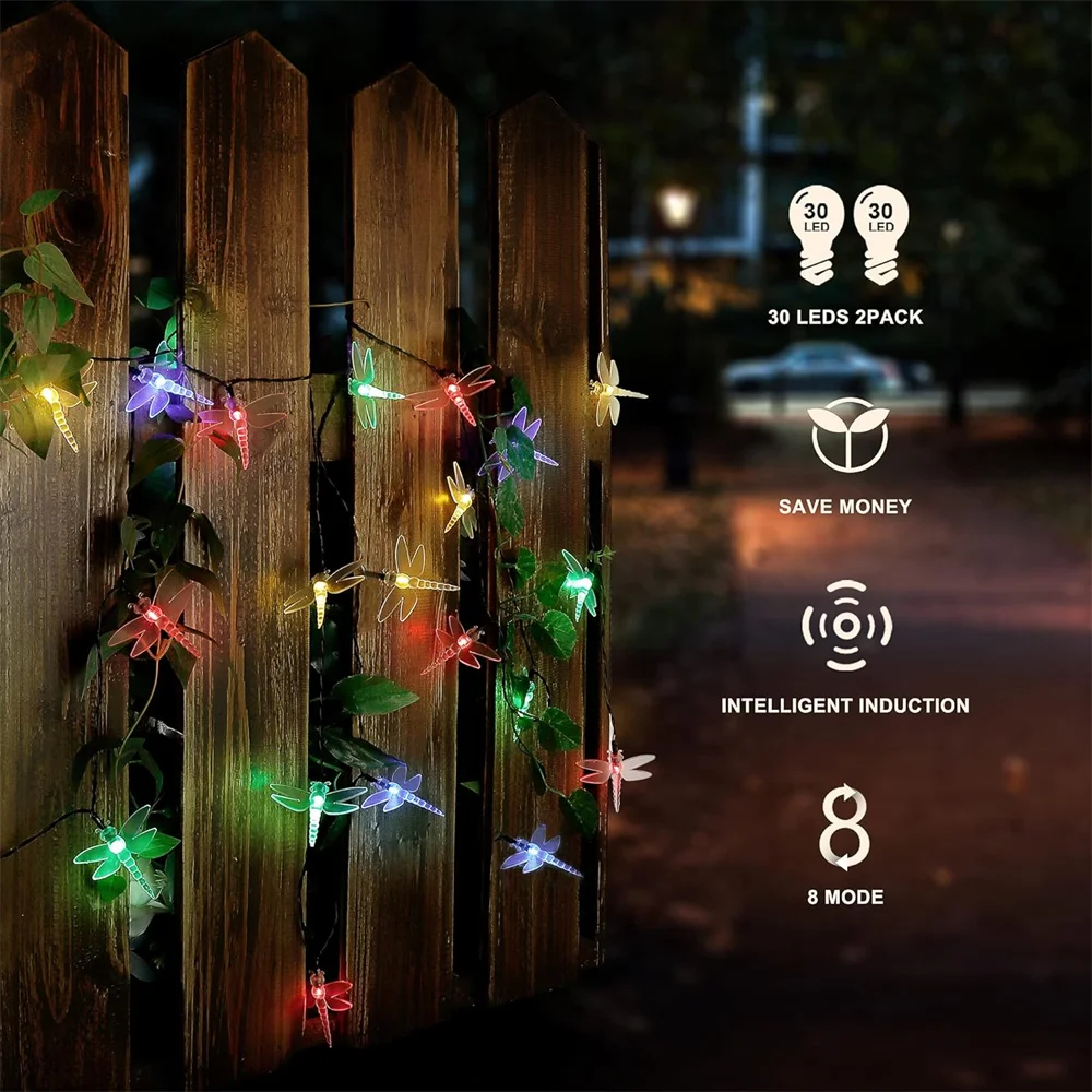 2024 Dragonfly Solar String Lights Outdoor LED Decorative String Lights 8 Modes Solar Powered Fairy Lights for Patio Garden 410