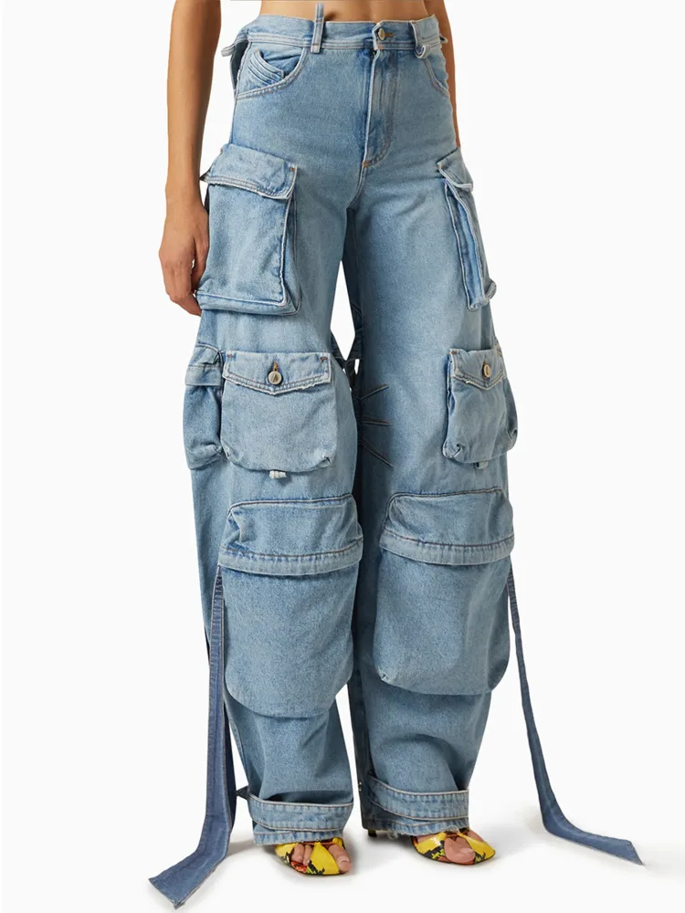 ZMEENNA Hellblaue Wash-Denim-Cargohose für Damen, stilvolle Jeans mit mehreren Taschen, lockere Passform und weitem Bein, lässige Mode ZM3579