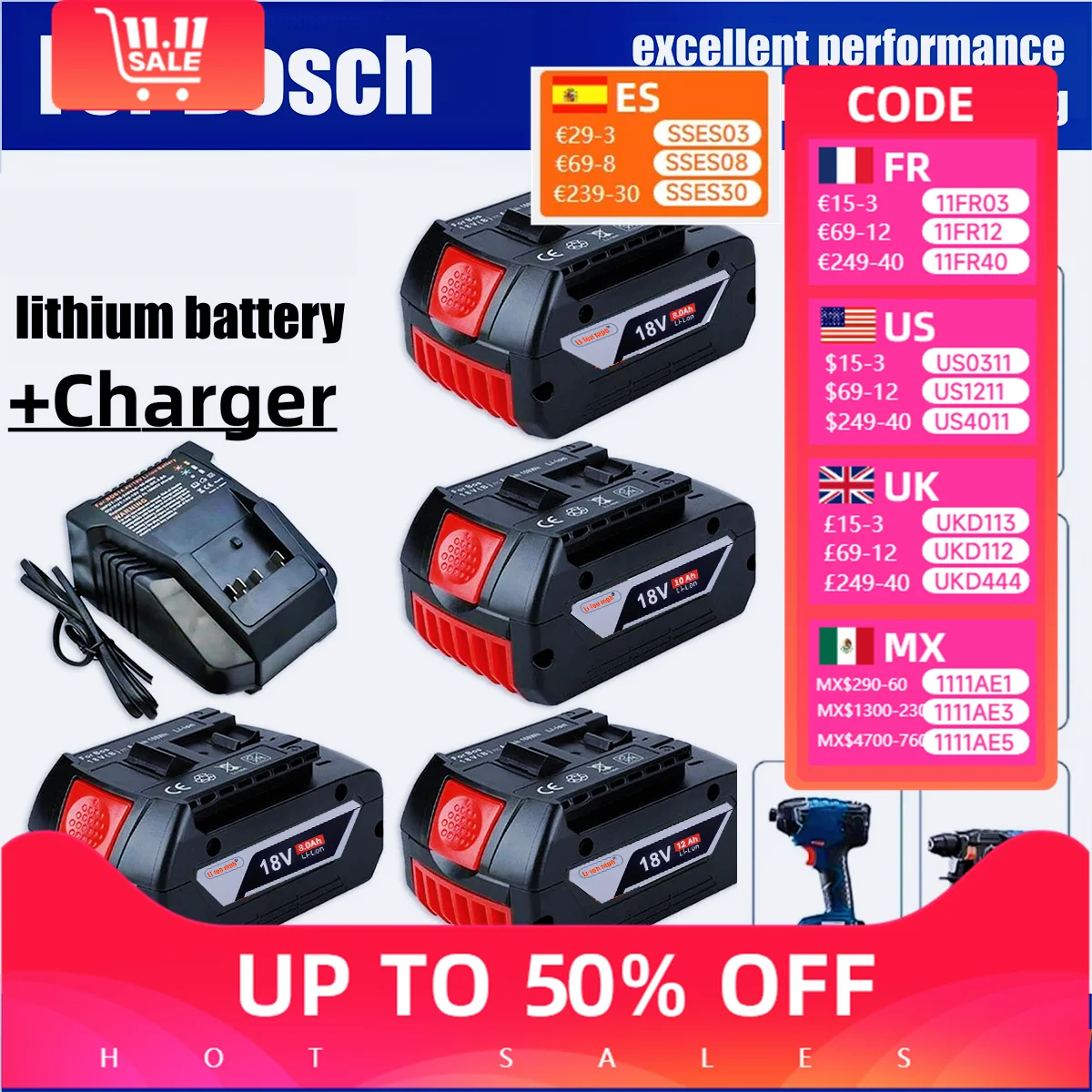 

For-BOSCH 18V Battery Accessories Rechargeable Lithium Ion Suitable for BAT609 BAT609G BAT618 BAT618G BAT614 8Ah 10Ah 12Ah
