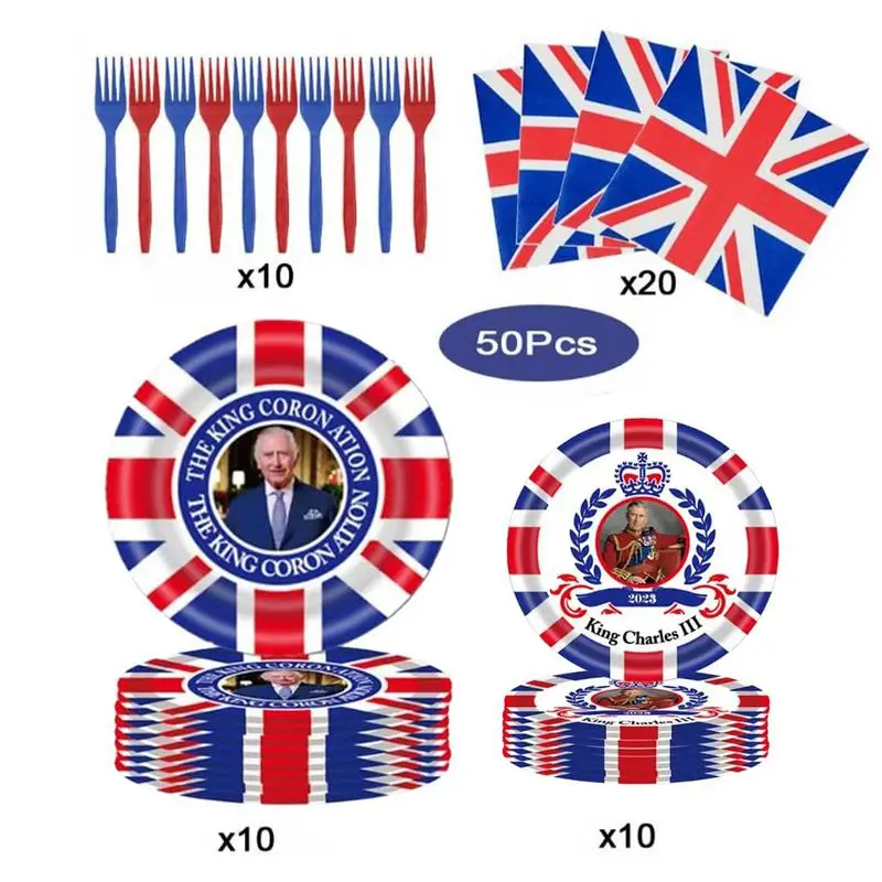 Union Jack Tableware Set UK Themed Paper Plates/Napkins/Forks Tableware Kit King Charles Coronation Decorations