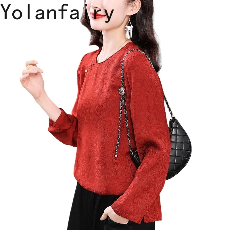 

YOLANFAIRY 70% Real Mulberry Silk Shirts for Women Spring 2026 Vintage Red Woman Blouse Elegant Jacquard Tops and Blouses Tees