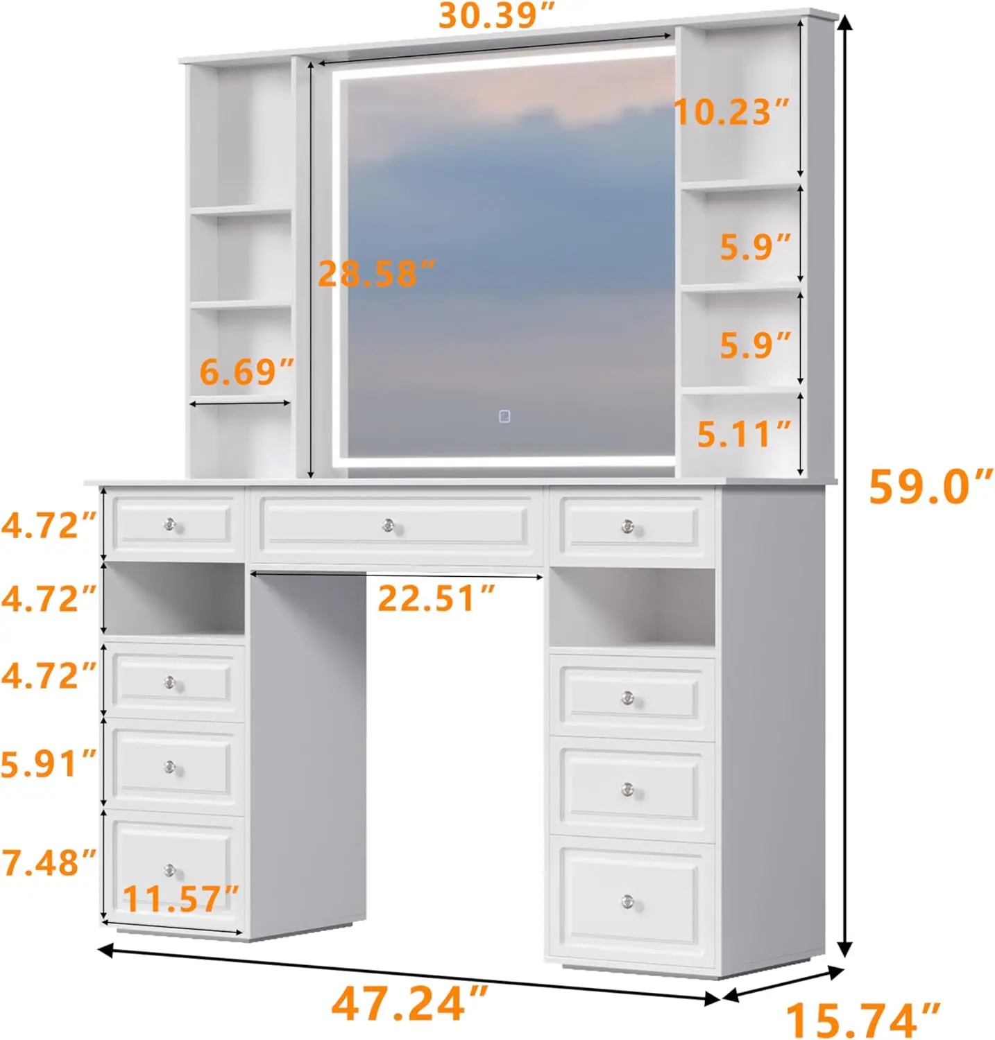 Vanity Desk with Mirror & LED Light,Makeup Vanity Mirror with Brightness Adjusted,Large Storage Space-9 Drawers