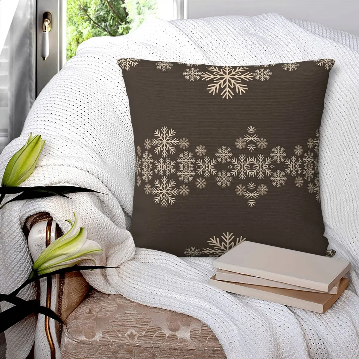 Dark Brown Snowflakes Christmas Pattern Square Pillowcase Pillow Cover Polyester Cushion Comfort Throw Pillow for Home Bedroom