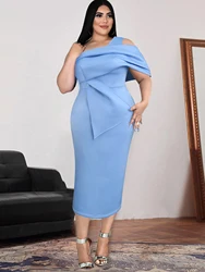 Blue One Shoulder Dresses for Women Plus Size Sheath Folds High Waist Split Pencil Midi Birthday Evening Gowns 4XL Outfits