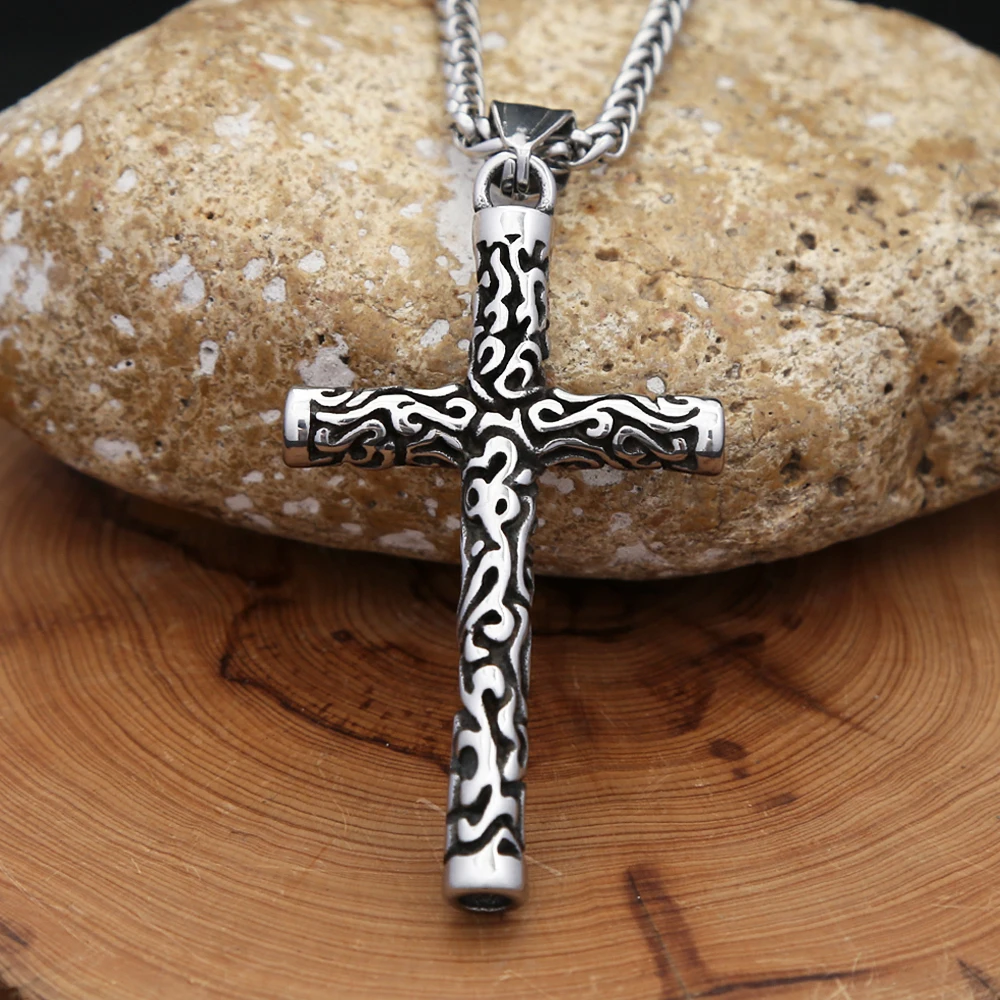 Vintage Engraving Cross Necklace Pendant For Men Women Fashion Punk Simple Stainless Steel Men Cross Pendant Jewelry Wholesale