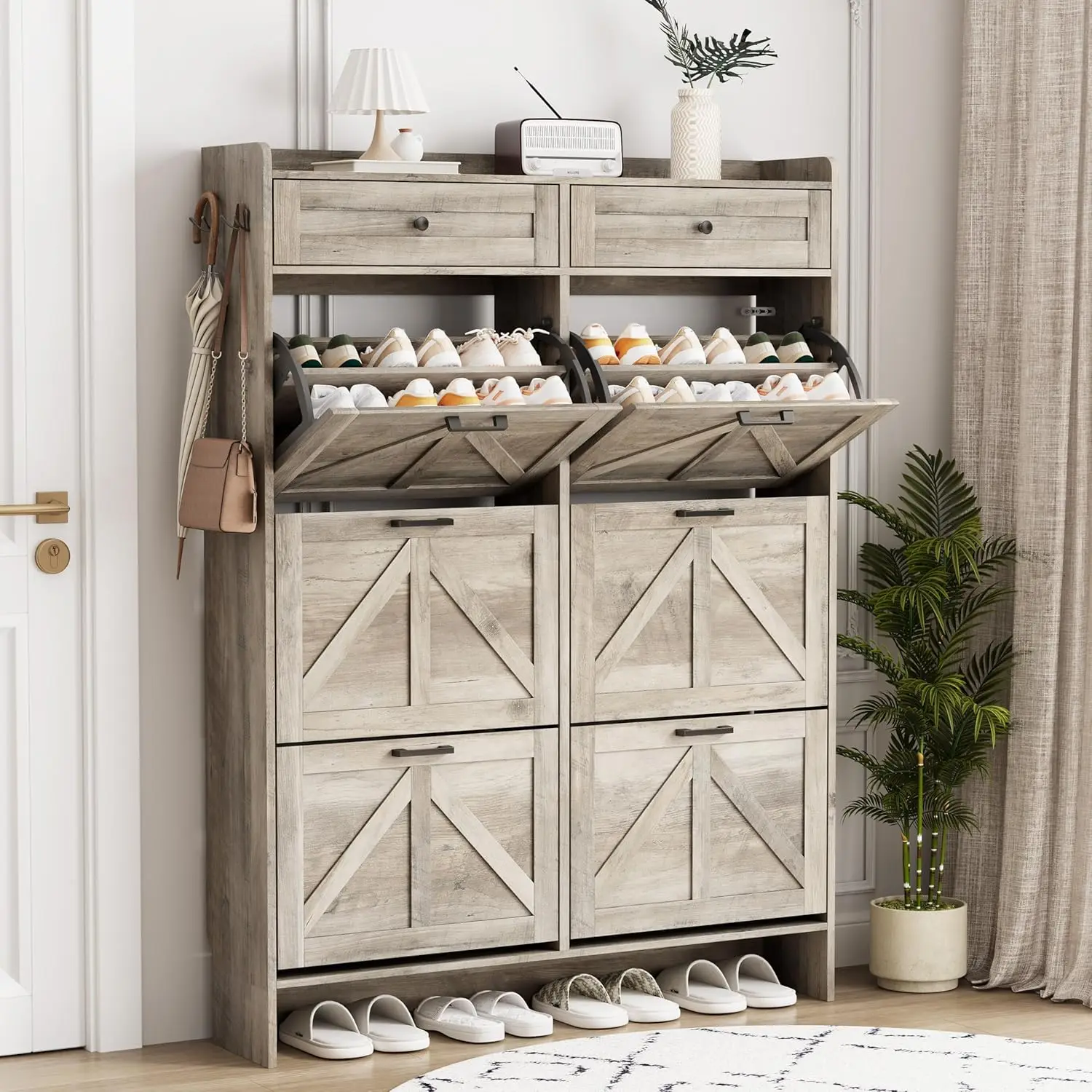 

Shoe Cabinet with 6 Flip Drawers & 2 Top Drawers, 57" Tall Freestanding Narrow Wooden Shoe Storage Organizer for Entryw