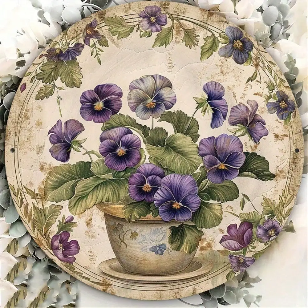 Aliby Vintage Metal Tin Sign, 8x8 Inch Pansy Floral Wall Art for Home Garden Patio Rustic Decor, Easy Install Indoor Outdoor Hou
