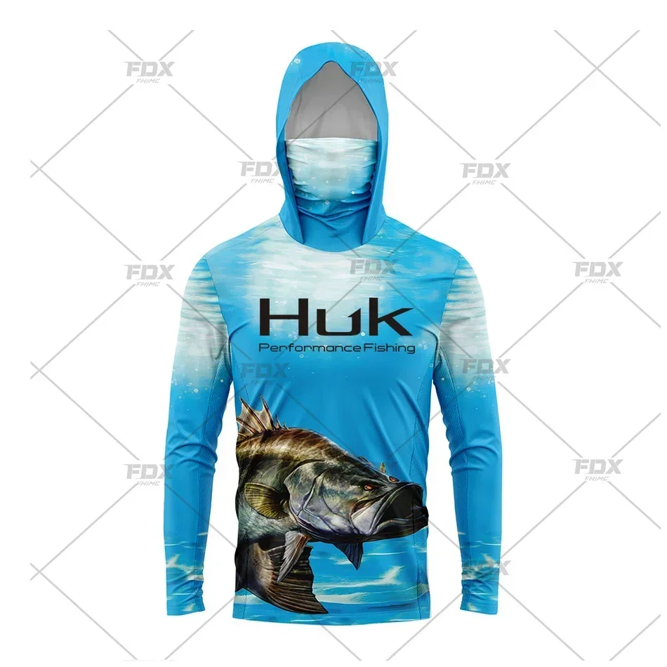 Huk Fishing Shirt UPF 50 Hooded Face Cover Fishing Clothes Summer Sun Protection Hoodie Men Face Mask Jersey Camisa De Pesca