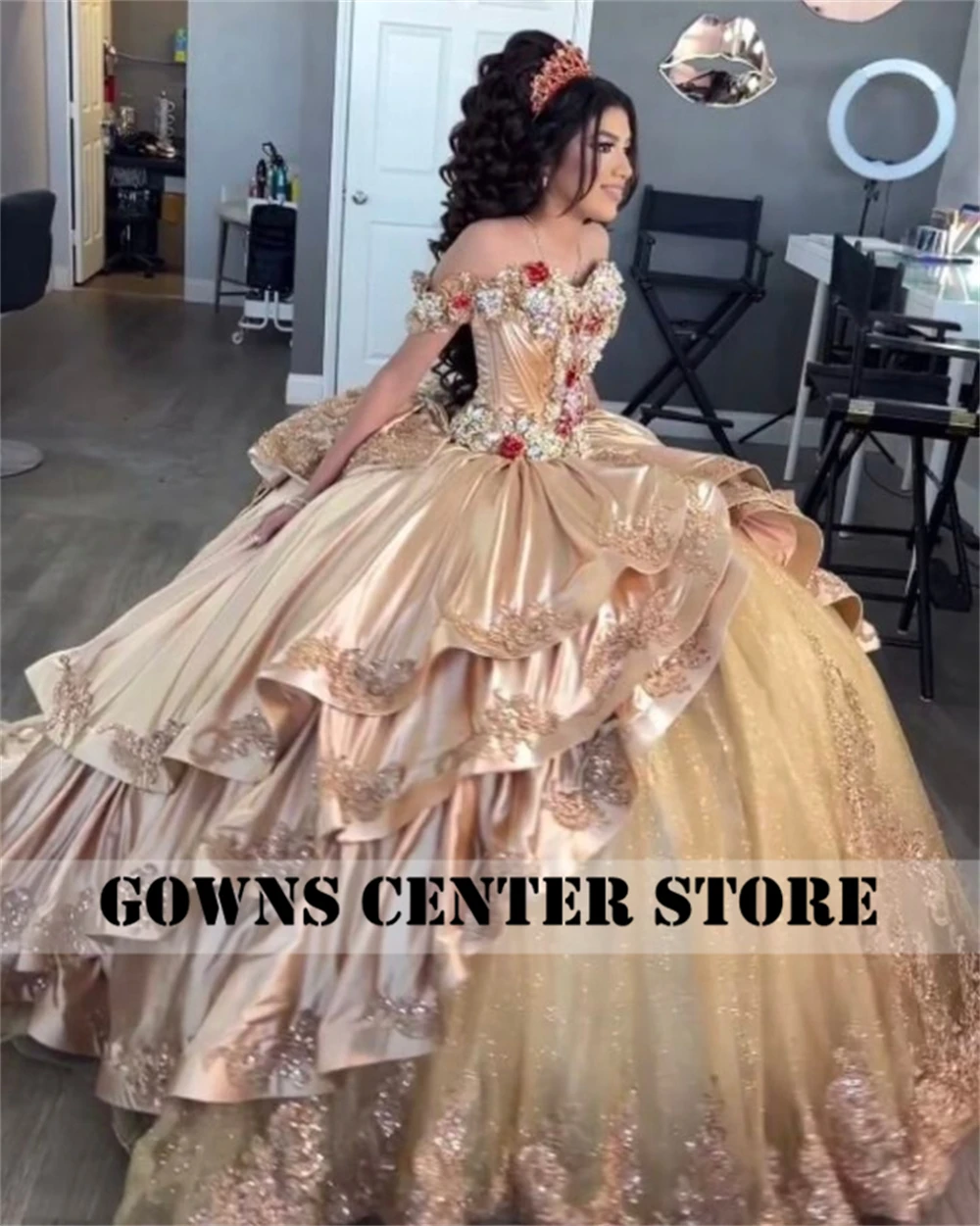 Princess Mexico 2024 Champagne Gold Quinceanera Dresses Off The Shoulder Flowers Satin Ruffels Ball Gown Sweet 16 Customized