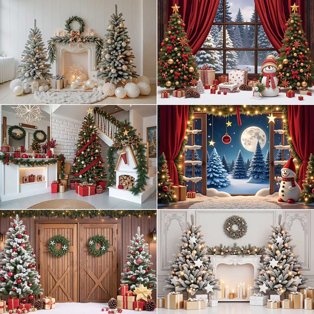 

MOON.QG 2025 Large Big Christmas Balls Trees Backdrop Curtains Fireplace Photography Background Children Studio Photocall Props