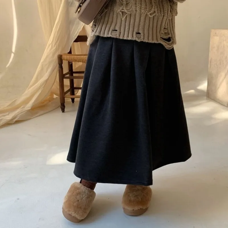 Winter Autumn Tween Girls Grey High Waist A Line Pleated Skirt Elastic Waist Mid Length Woolen Skirt Kids Fashion