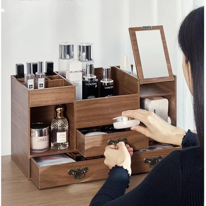 Large Capacity Makeup Organizer Multi Layered Drawer Makeup Box Advanced Sense Wood Makeup Cases With Mirrors Cosmetics Stand