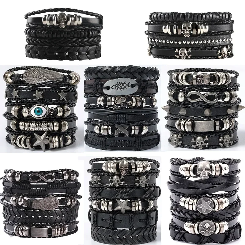 

Party decoration role-playing Skull Diy Braided Punk Style Bracelet Set, Featuring Pu Leather And Beads Bracelet