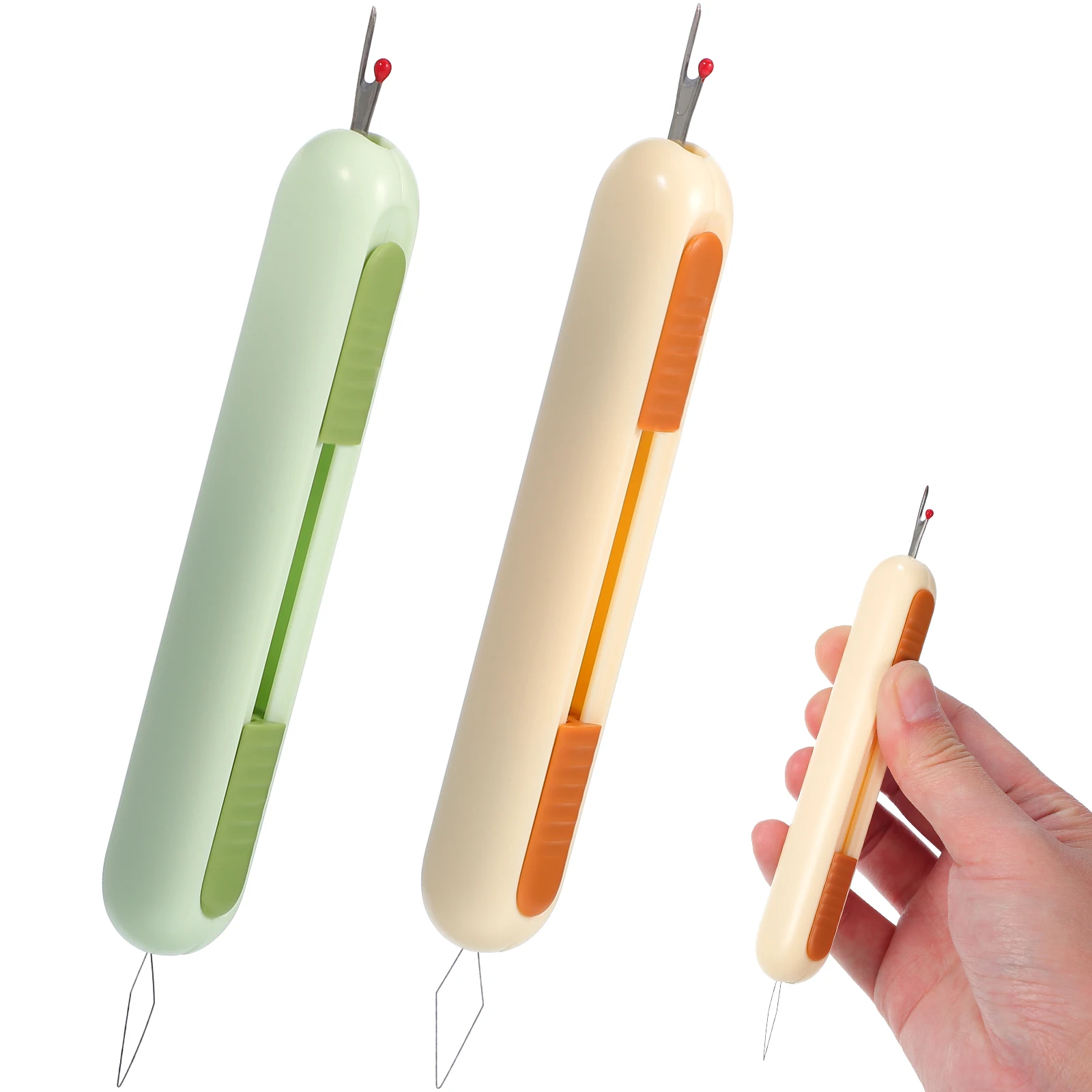 

2 Pcs Green Beige Sewing Threader Seam Ripper Retractable Heads Comfortable Grip Portable Easy Use Accessories