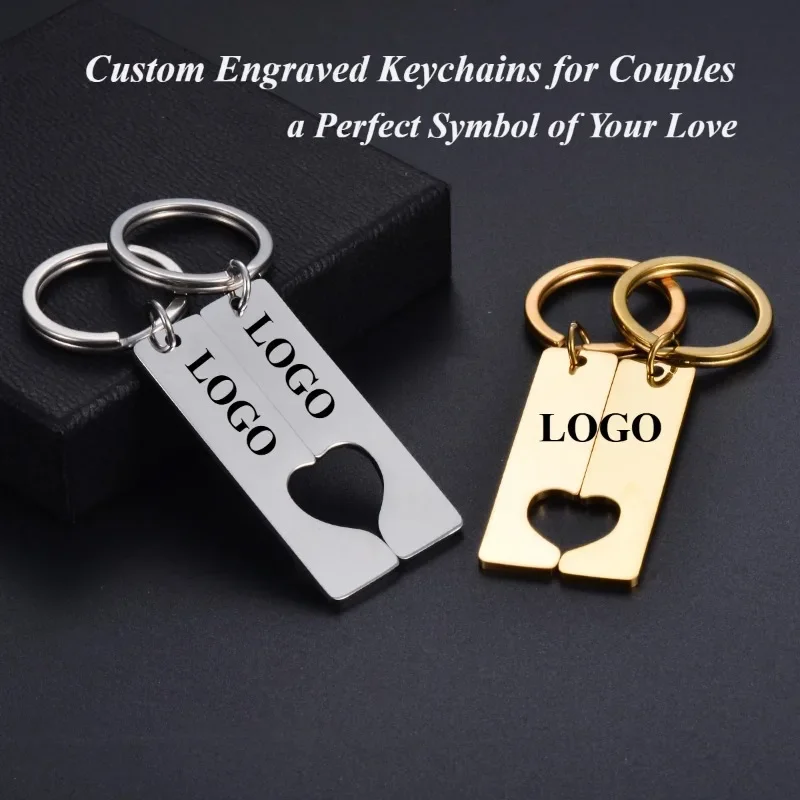 Custom Stainless Steel Heart Bar Puzzle Keychain for Couples Personalized Name Date Engraving Rose Gold Silver Key Ring Gift