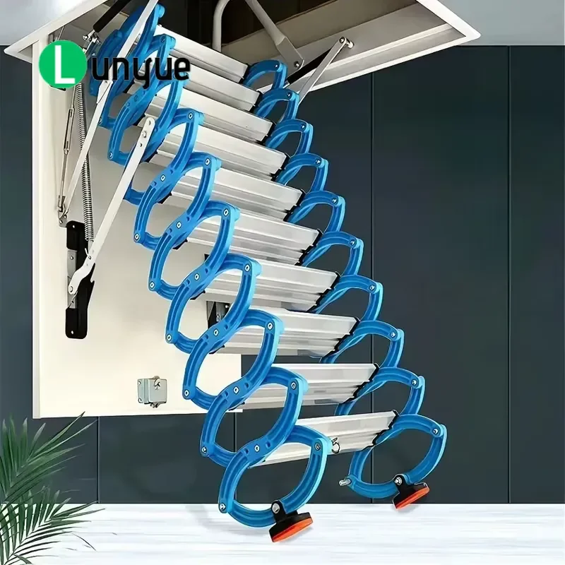 24V Automatic Folding Telescopic Loft Ladder Carbon Steel Titanium Magnesium Alloy 2 Level Indoor Modern Staircase for Home