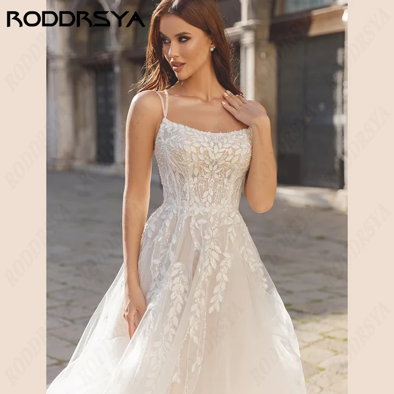 RODDRSYA Elegant Tulle A-line Wedding Dresses Sleeveless Backless Bride Gown Scoop-Neck Lace Appliques Bridal Party For Women