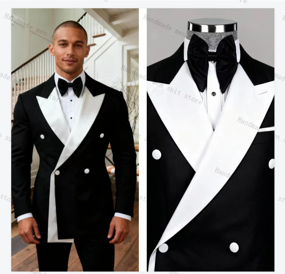 

Autumn Men Suits 2 Piece Blazer+Pants Black White Guest Wedding Tuxedo Coat Customized Formal Office Business Jacket Trousers
