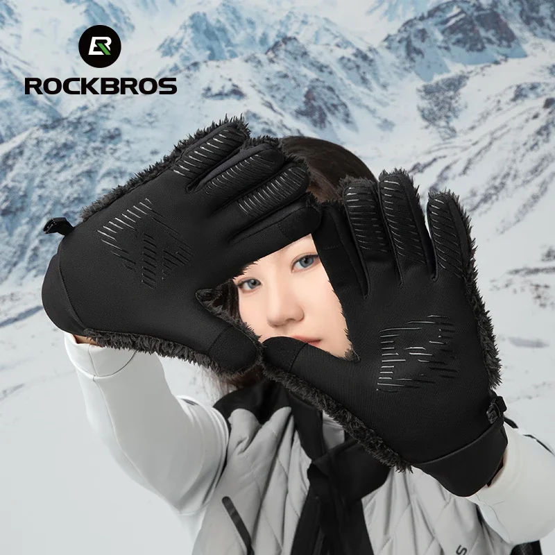 ROCKBROS Autumn Winter Ski Gloves Warm Windproof Cycling Gloves MTB Snowboard Driving Fleece Outdoor Sport Gloves Men Women