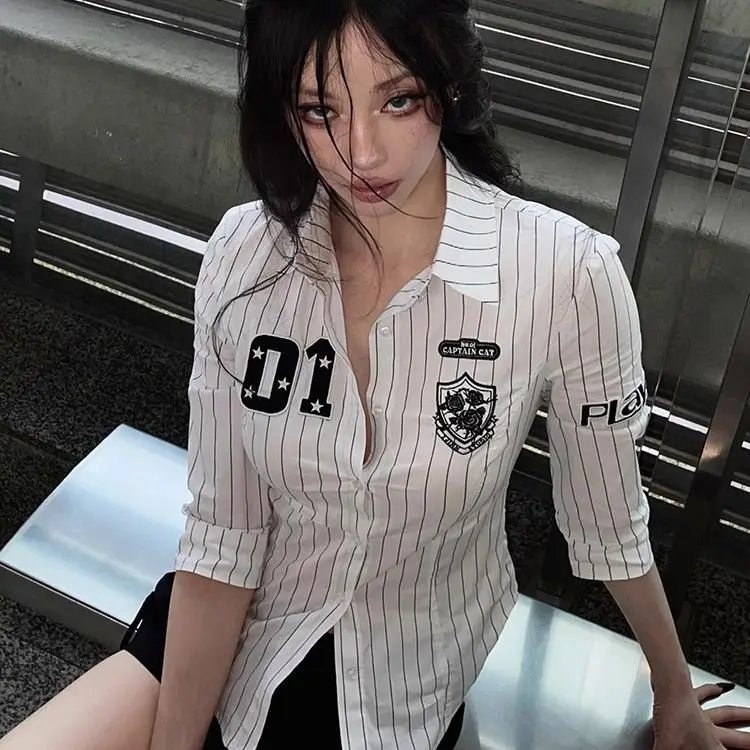

Onalippa 2025 Spicy Girl Striped American Waist Cinched Blouse Slim Fit Retro Summer New Style Slimming Shirt Top