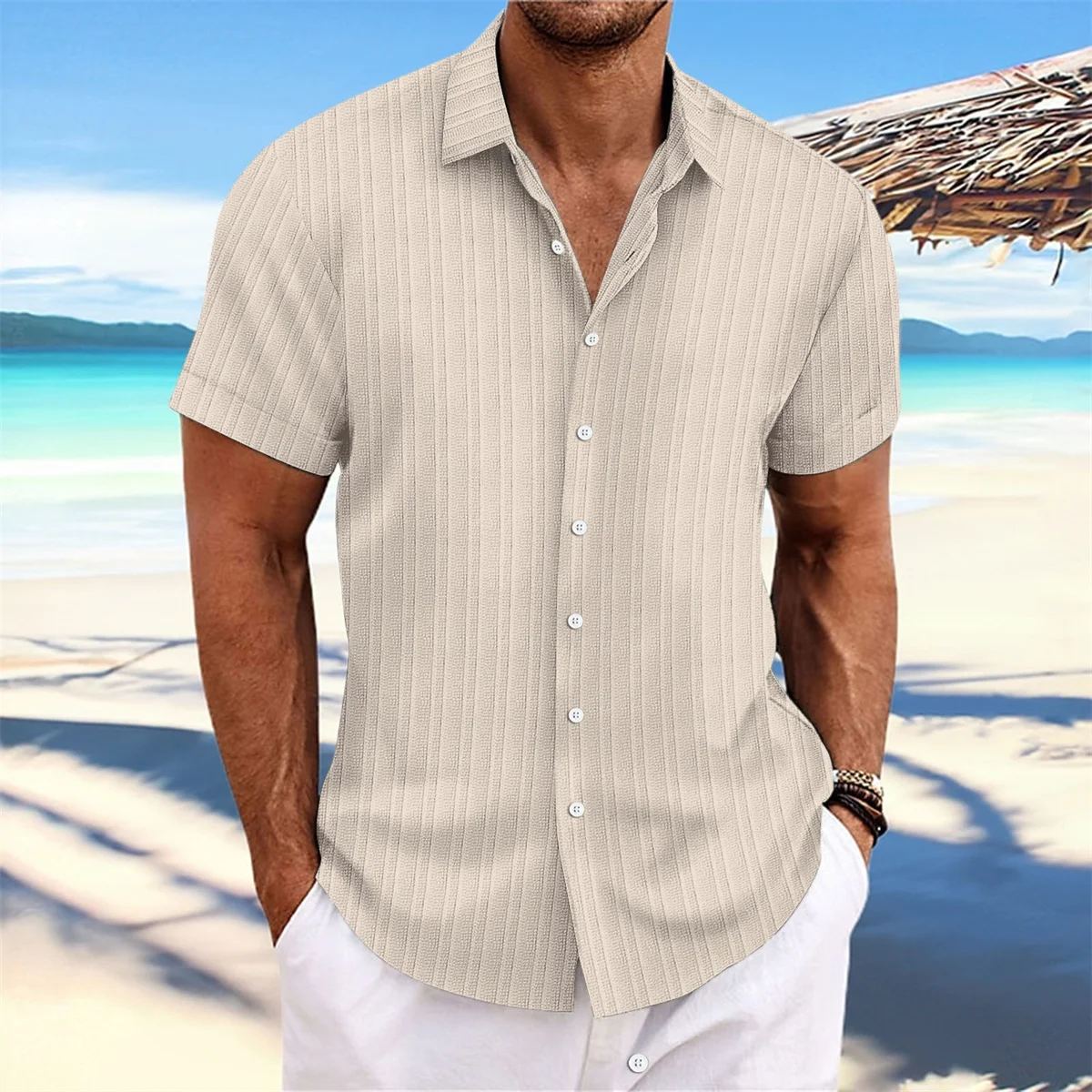 

Fashionable Men Casual Everyday Summer Beach Style Short Sleeve Solid Color Striped Jacquard Lapel Comfortable Loose Top Shirt