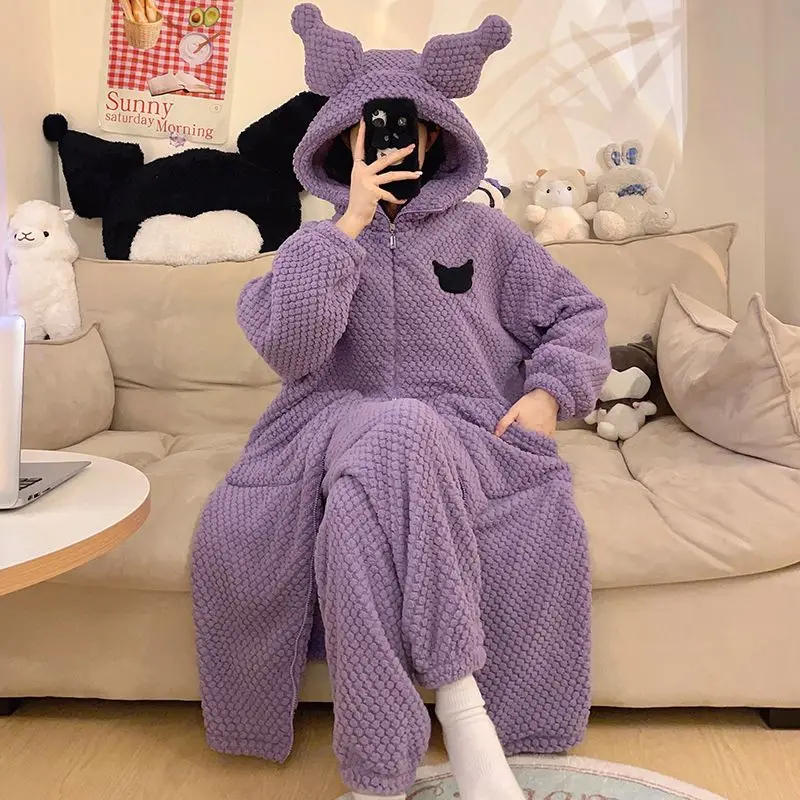 Anime Sanrioed Kuromi Pajamas Pants Set Women Kawaii Melody Coral Fleece Robe Winter Thickened Warm Female Flannel Home Clothes