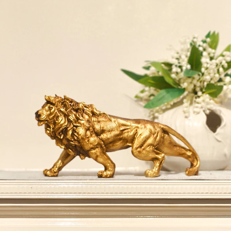 Golden Lion Statue, Resin Animal Sculpture, Home Decor Ornament for Bedroom, Living Room, Study, Office Desk Decoration