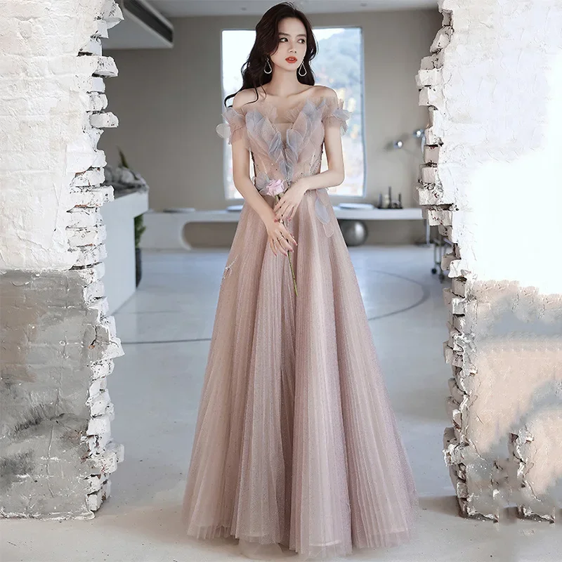 Fashion Pink Off Shoulder Evening Dresses 2022 Robe De Soirée Women Long A Line Tulle Formal Party Dress Vestito Da Festa