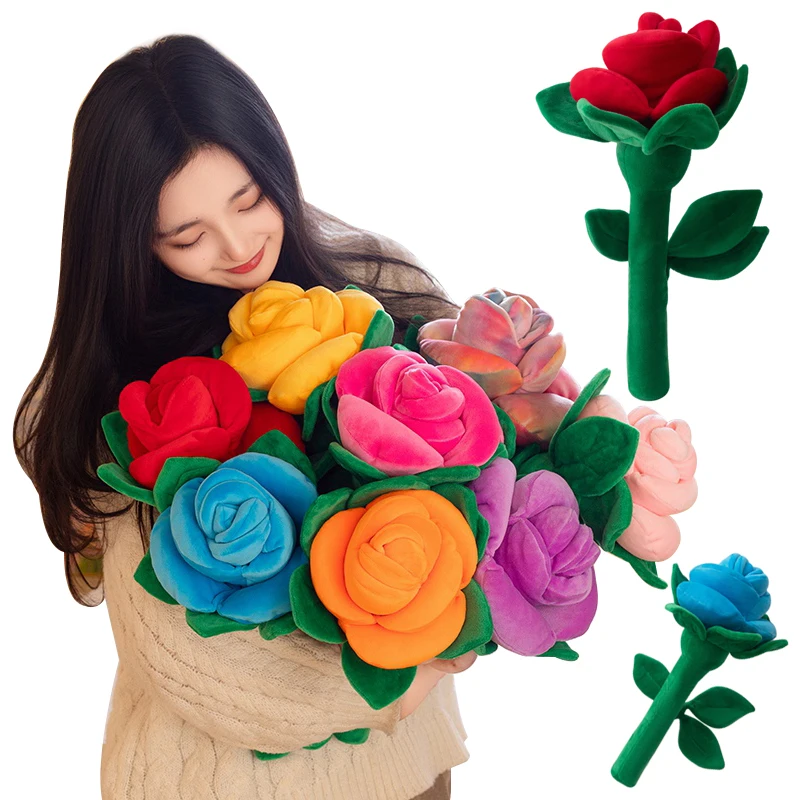 38CM Large Rose Flower Plush Toys Multi Colored Roses Plushie Doll A large Bouquet Flowers Pillow for Birthday Party Decor Gift