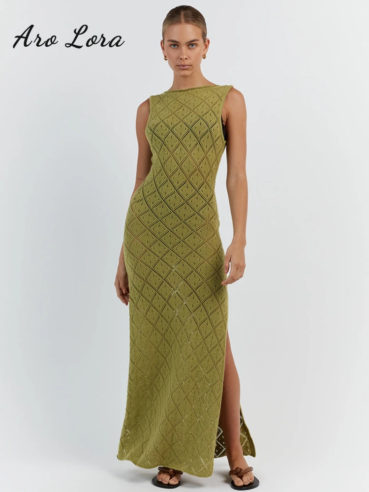 Sexy Hollow Out Knitted Split Dress For Women 2023 Summer Beach Cover Up Maxi Dress Women\'s Sleeveless Elegant Bodycon Vestidos