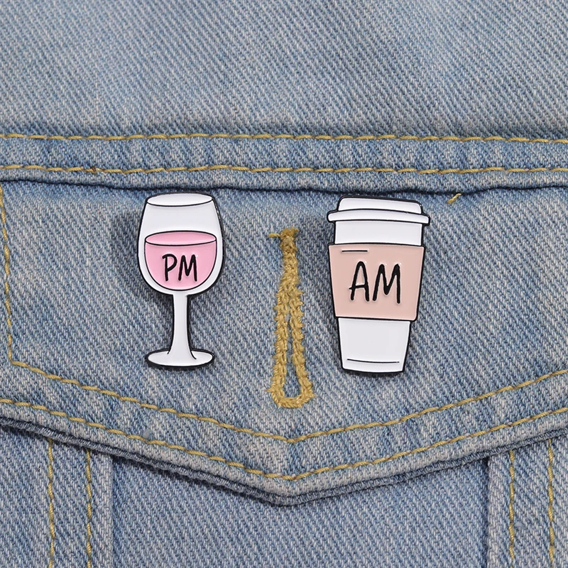 Creative Metal Brooches Coffee AM Wine PM Cartoon Lapel Badge Backpack Clothes Enamel Pin Accessories Gift for Working People