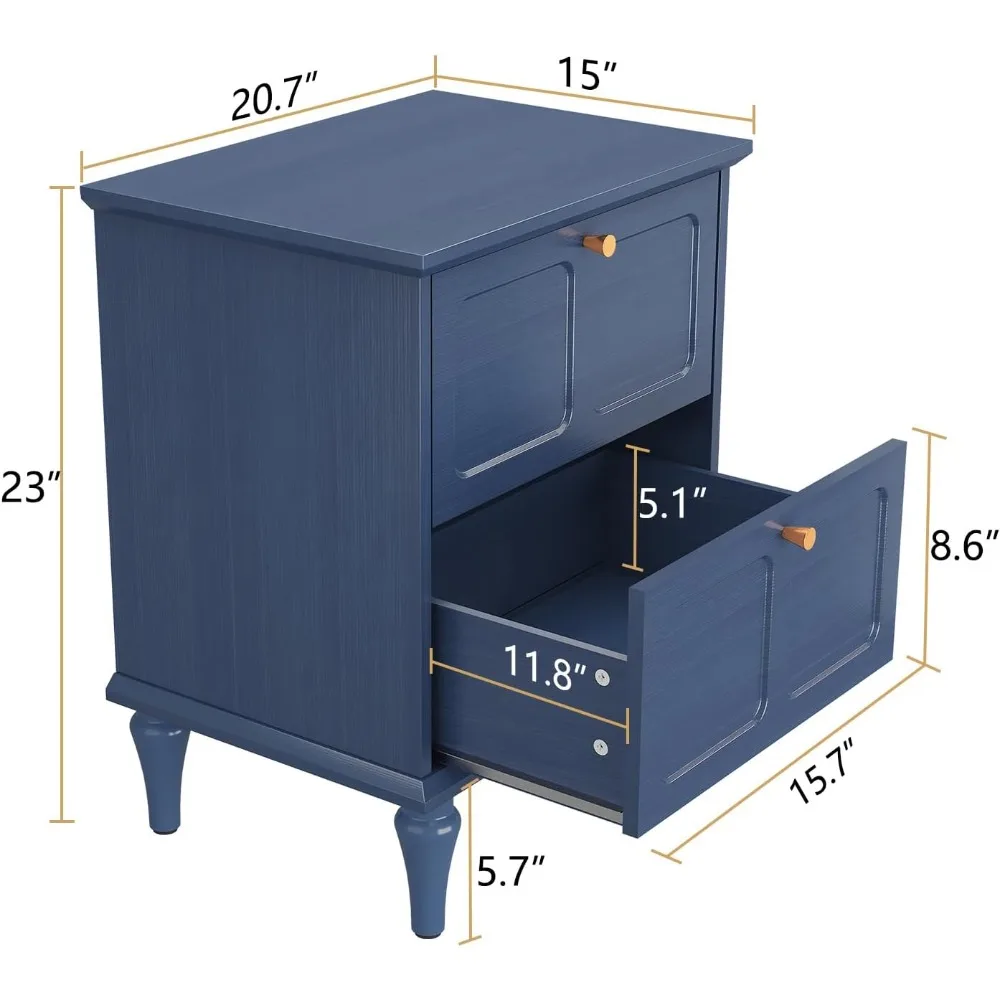 Par de mesitas de noche modernas de mediados de siglo, cajones de almacenamiento, patas de madera maciza, mesa auxiliar de madera, manijas de metal dorado, muebles de dormitorio elegantes