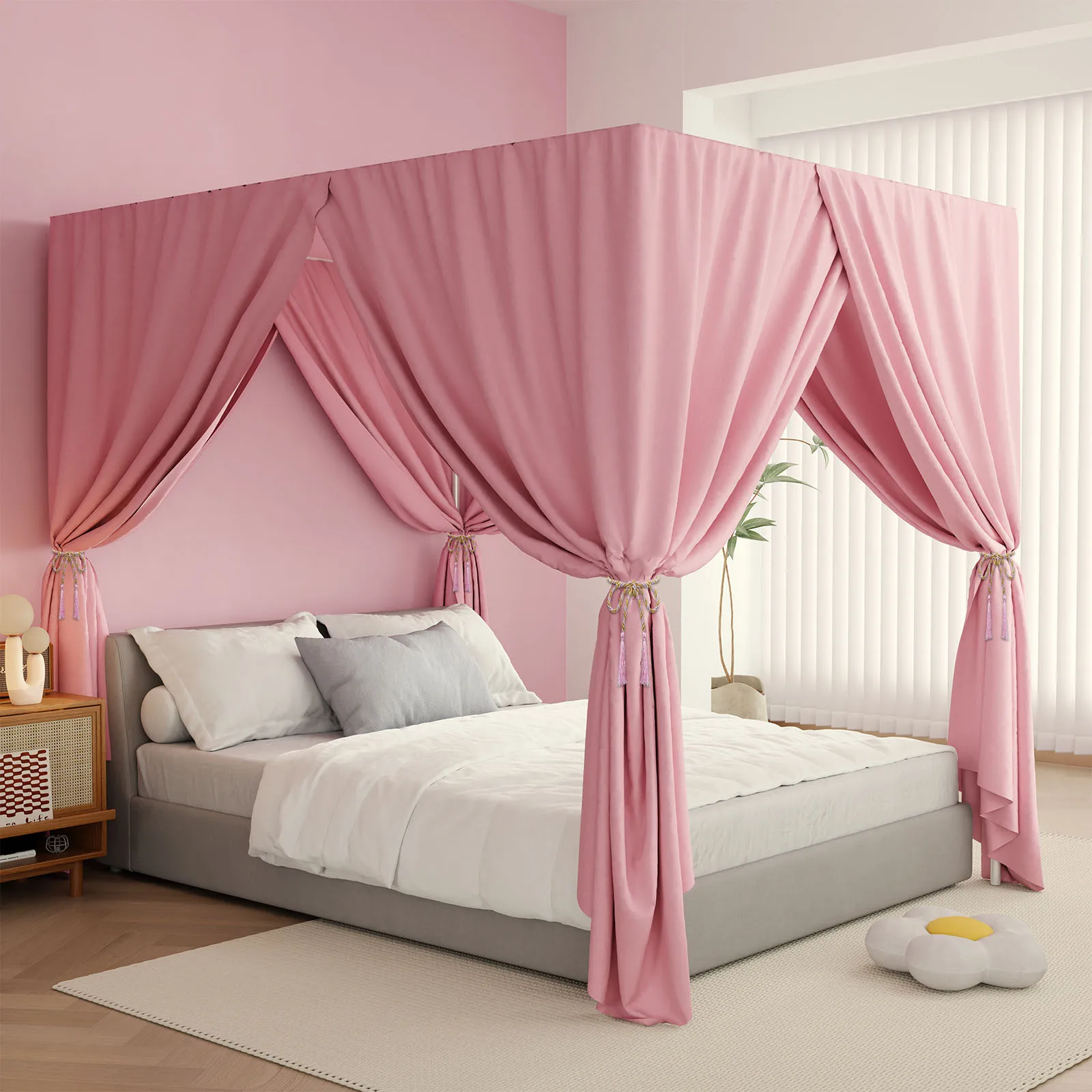 Pink/Black king Four Corner Post Bed Canopy Bed Curtains Sheer Canopy for Adults Bedroom Decoration Lightproof Windproof Twin