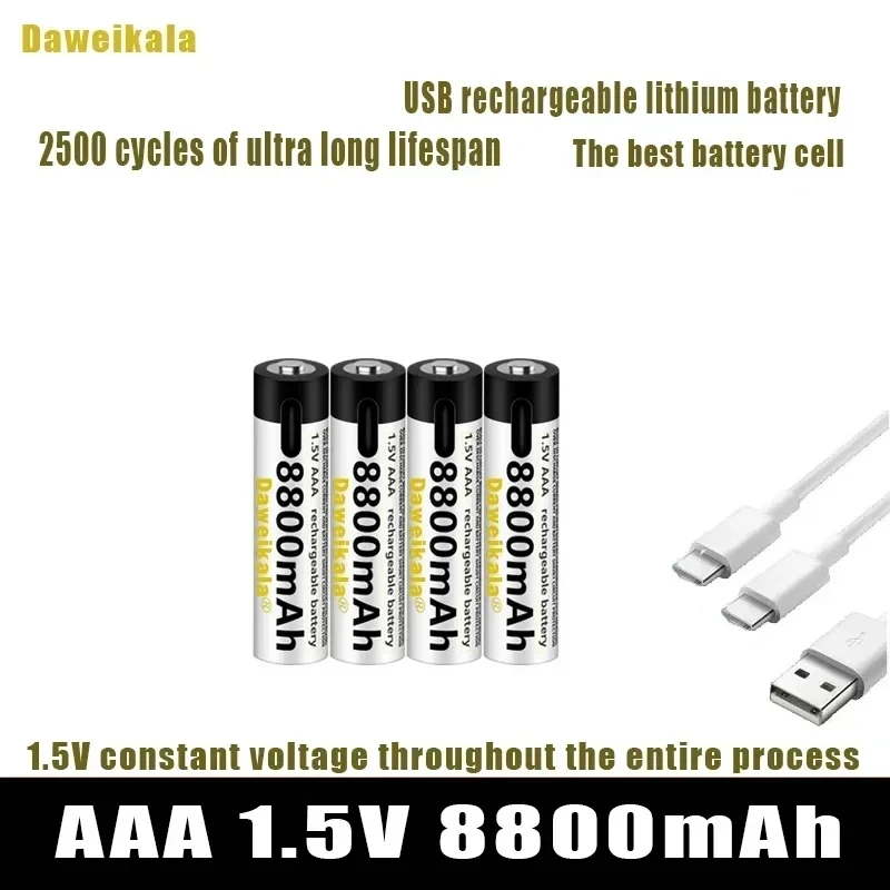 2024 New USB-C 1.5V AAA Battery Fast charging Li-ion Battery 8800mAh for Remote Control Mouse Electric Toy Battery +Type-C Cable