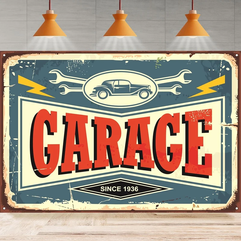 

Vintage Garage Logo Photography Backdrop Party Car Wrench Tool Repair Retro Poster Photo Background Wall Home Party Decor Banner