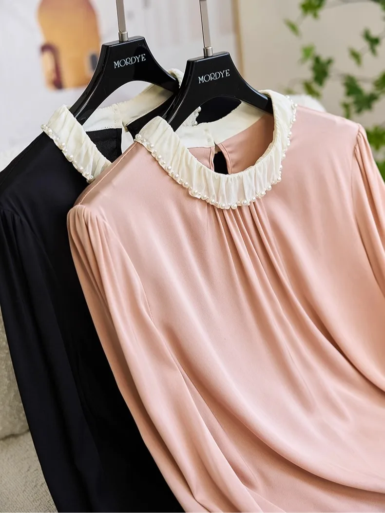

Elegant Yet Shy! Intellectual round Neck Beaded Heavyweight Silk Long Sleeve Shirt Silk Top Commute Style Straight Cut