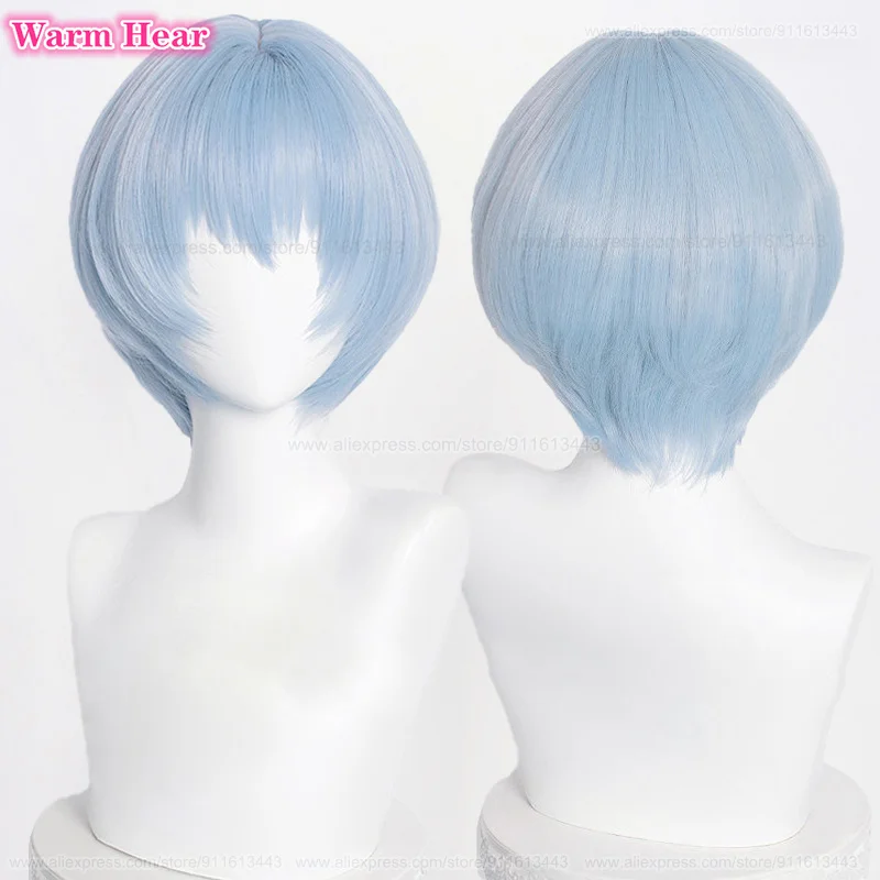 Anime EVA sintetis Ayanami Rei Wig Cosplay biru muda pendek dengan hiasan kepala Wig pesta rambut tahan panas + topi Wig