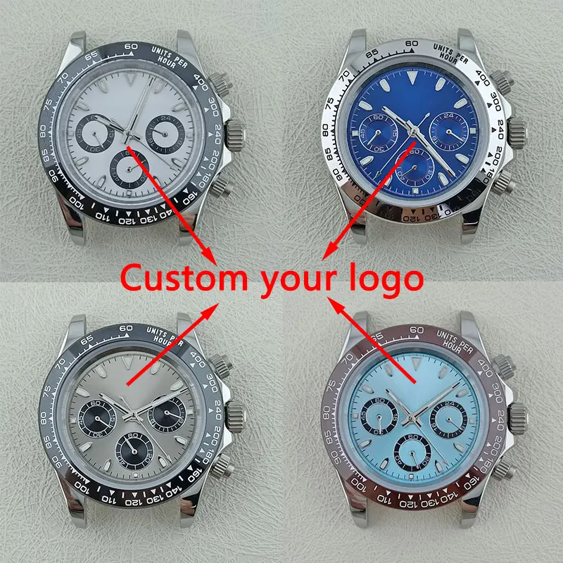 Silver 39.5mm VK63 Case quartz chronograph watch Custom logo Dial Fit VK63 Movement Sapphire Glass Watch Case Parts
