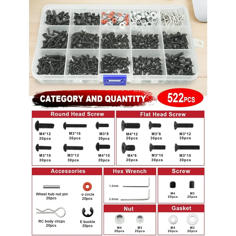 RC 공구 세트 드라이버 세트 (플랫, 필립스, 헥스) 금속 홀더, RC 작업대, 522PCS 나사 세트, 플라이어 세트, 바디 리머, 렌치