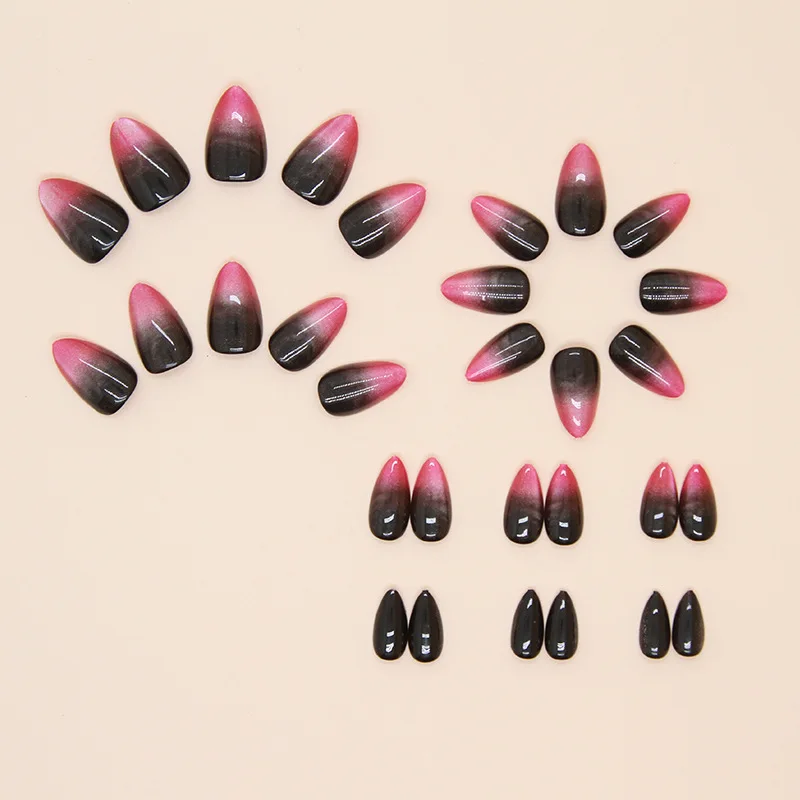 24 pçs rosa preto gradiente imprensa em unhas médio curto unhas falsas para belas colagem amêndoas adesivo acrílico arte do prego inverno