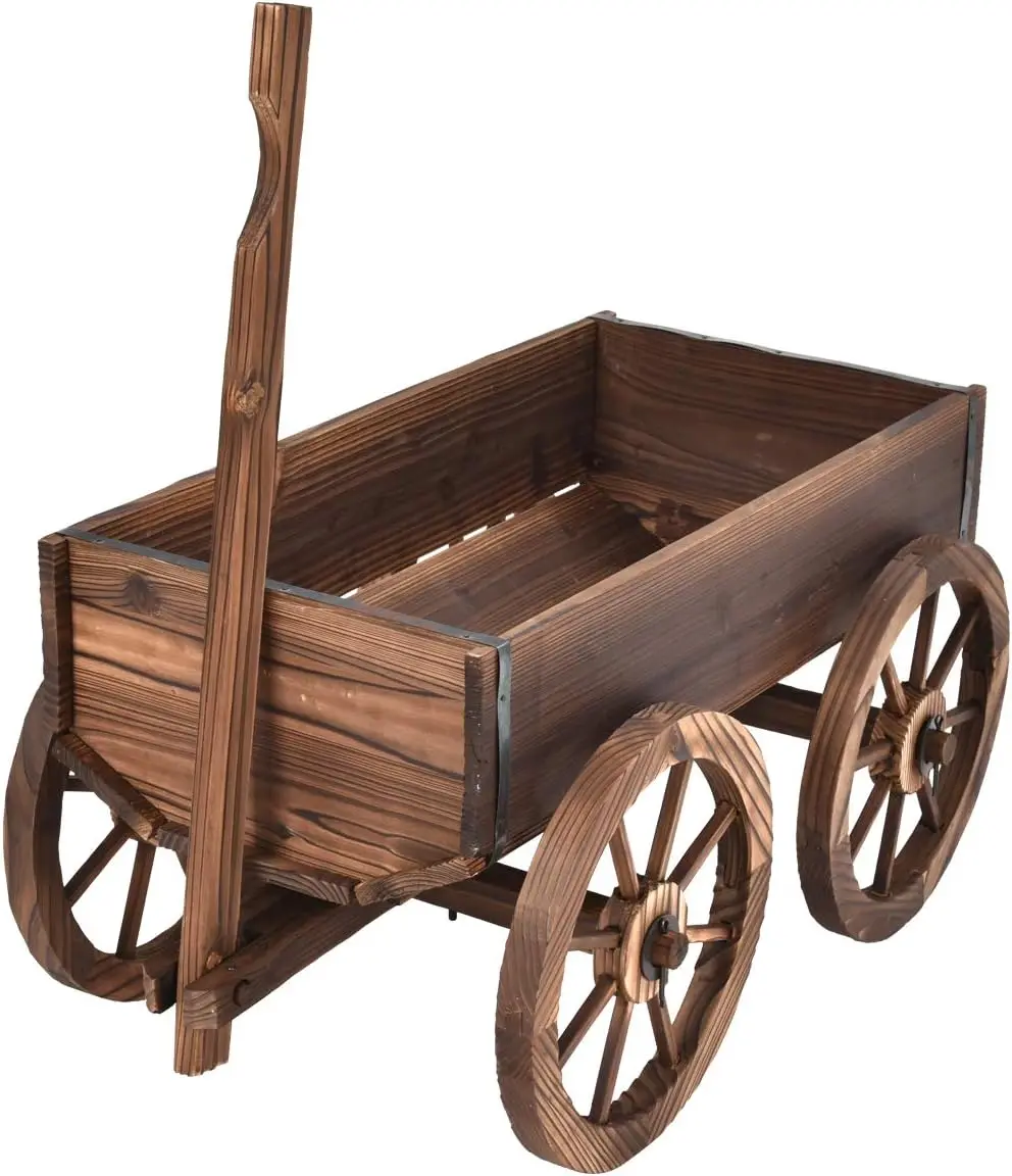 Outdoor Home Garden Wood Wagon Flower Planter Pot Stand with Wheels - Decorative and Functional
