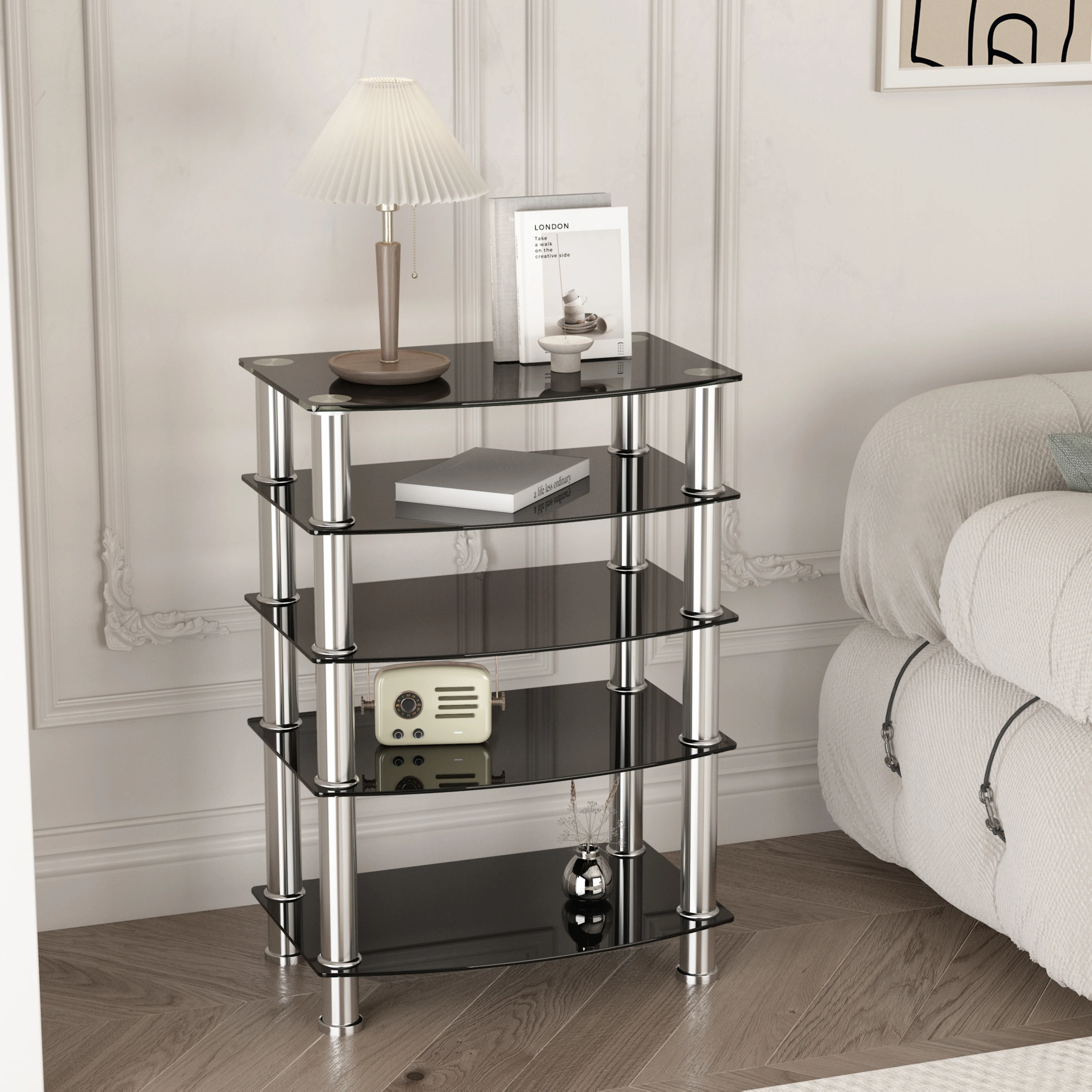 

5-Tier Tempered Glass Side Table Stainless Steel Frame End Table for Living Room, Bedroom, Black