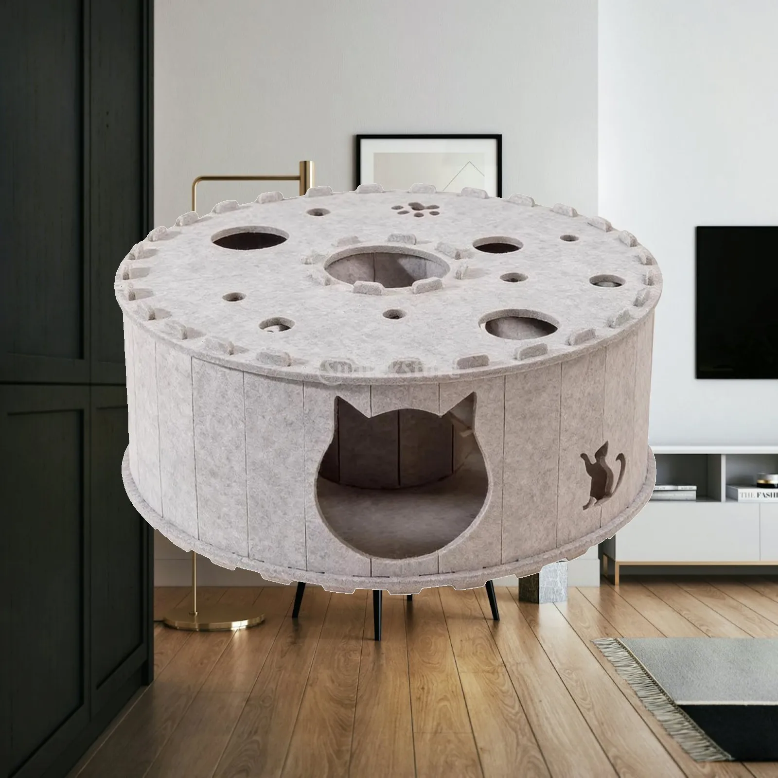 Spacious Cat Tunnel Hideaway Bed for Indoor Cats Felt Material with Cat Ear Entrance Play Structure