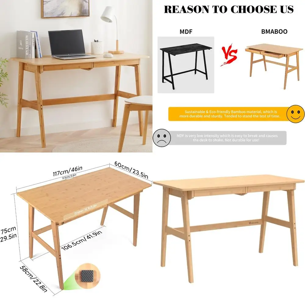 

Modern Bamboo Desk with 2 Drawers, Home Office Furniture, Simple Study Table for Makeup & Workstation